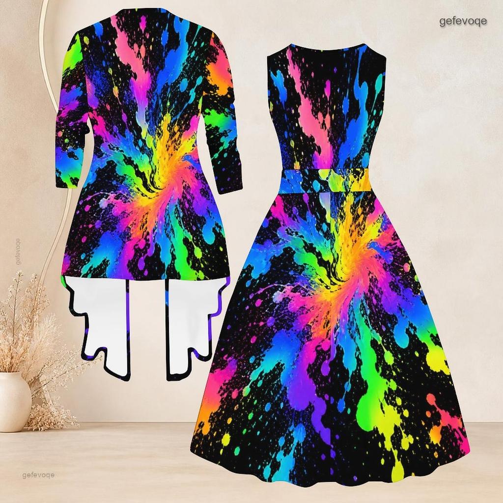 Women Plus Size Star Printed Two Piece Set Sleeveless Round Neck Tie Waist Flared Dress 3 4 Sleeve Open Cardigan