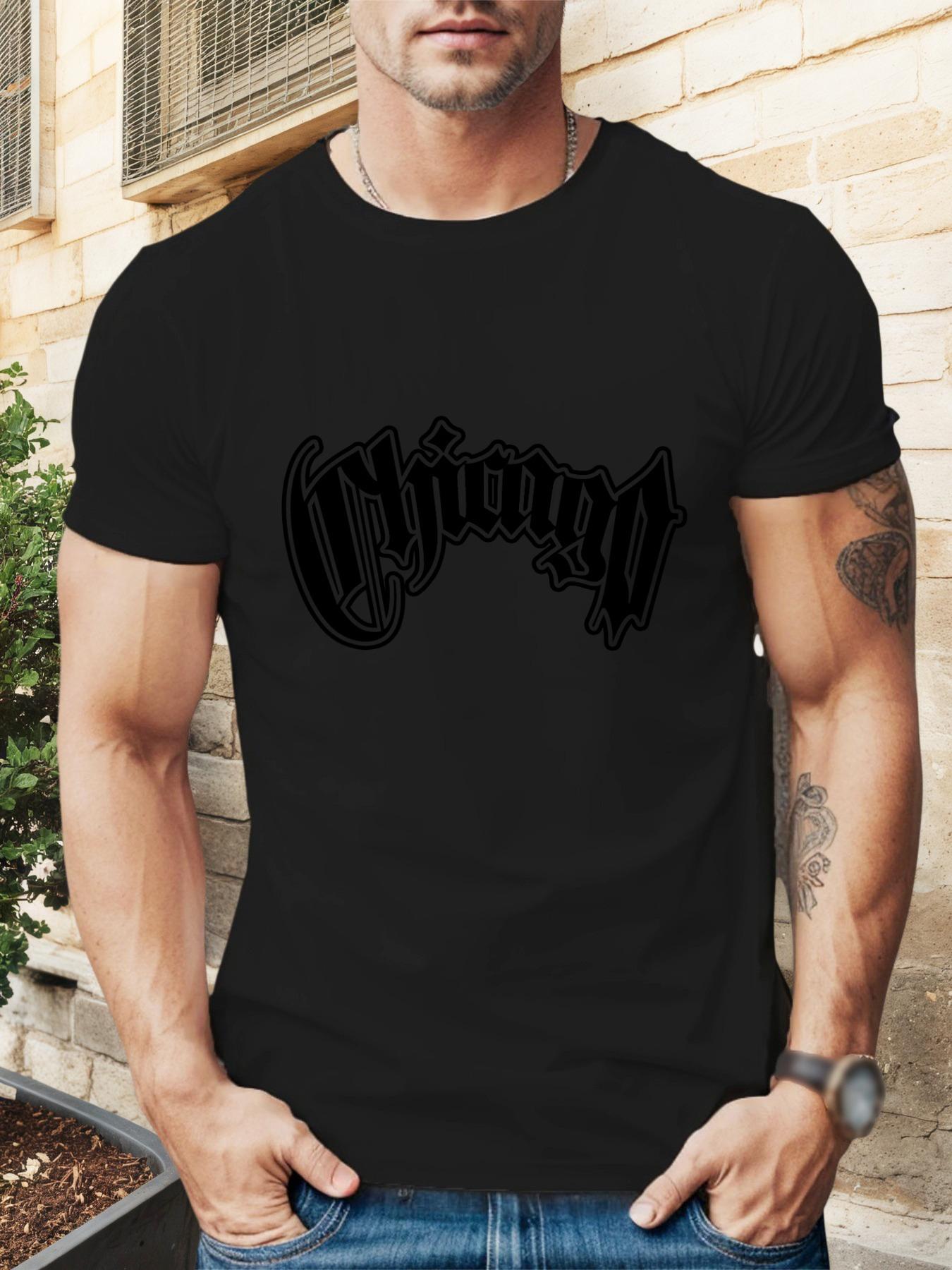 

Chicago Script Graphic T-shirt - Summer Casual Short Sleeve Round Neck Tee M