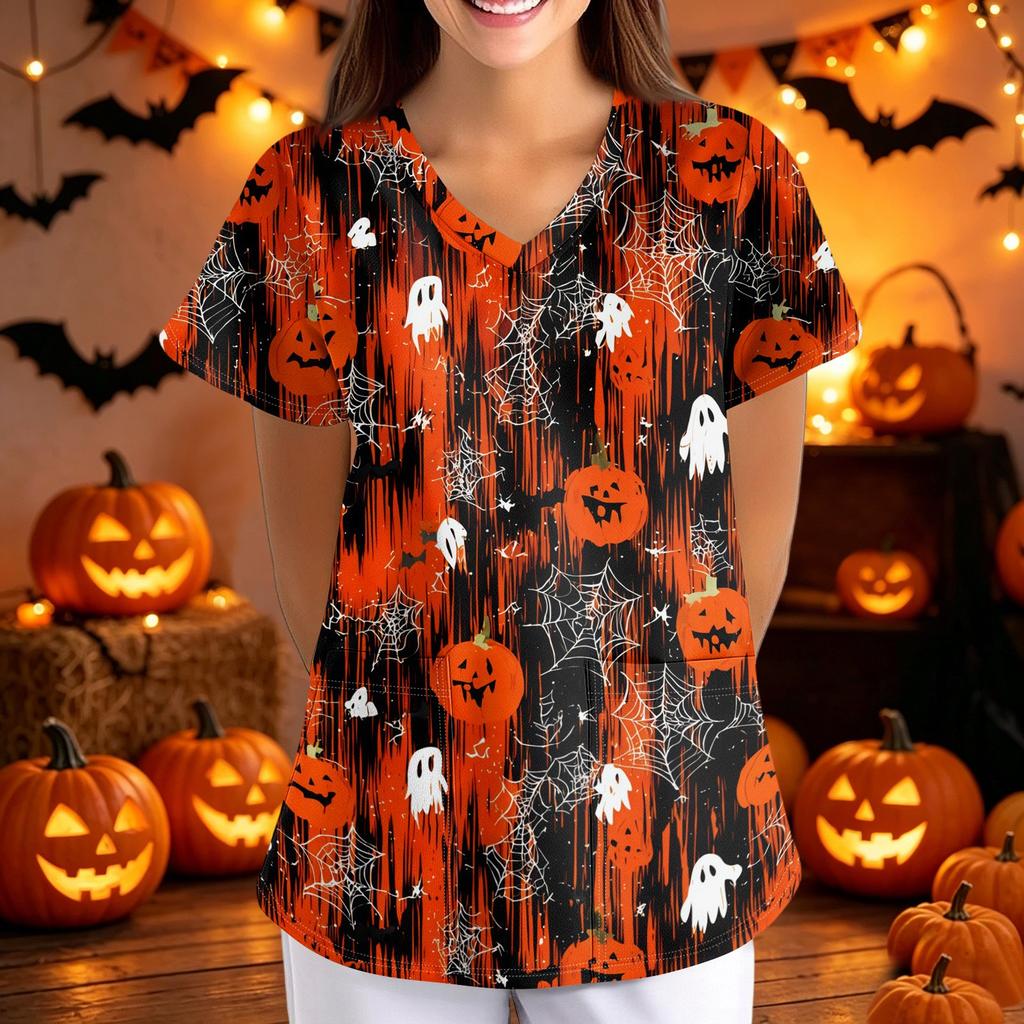 Women's Halloween Print Loose Fit V Neck Pocket Short Sleeve Medical Scrub Top Nurse Uniform Workwear