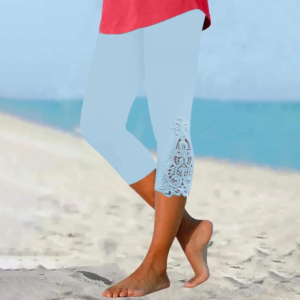 Women's Casual Stretch Leggings Lace Stitching Cutout Cropped Pants