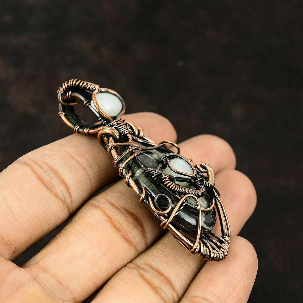 Evil Eye Moroccan Mud Crack Fossil Copper Wire Wrapped Pendant Gemstone Jewelry Handmade Pendant Rainbow Moonstone Pendant Evil Eye Jewelry