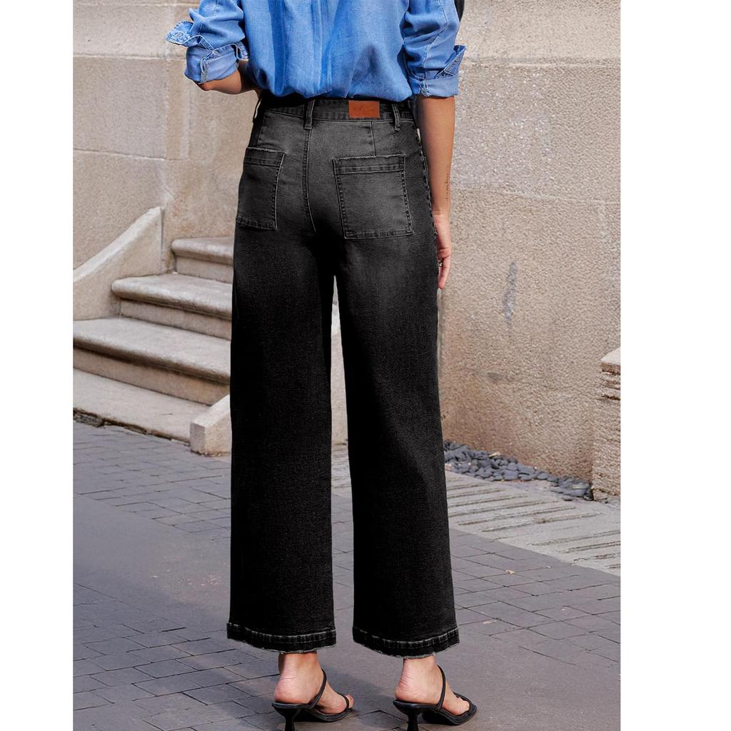 Women's Wide Leg Jeans Casual High Waisted Straight  Denim Pants With Pockets