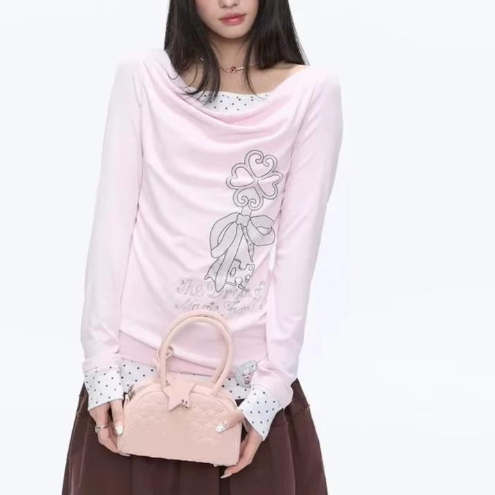 Y2k Aesthetic Fake Two Pieces T-shirt Harajuku Polka Dot Patchwork Casual Tops Women Printing Grunge Slim Fit Tshirts