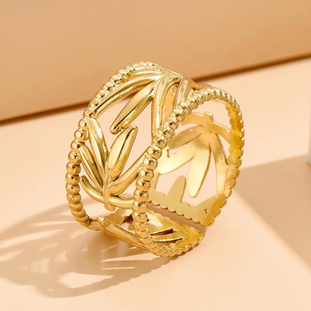 Gold-Plated Stainless Steel Leaf Ring – Adjustable Fairy Style for Women