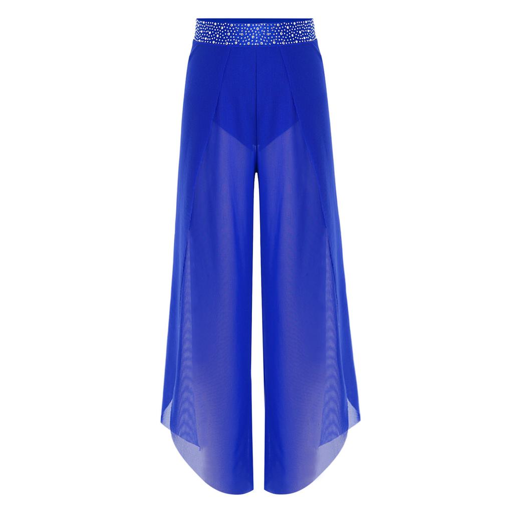 Kids Girls Lyrical Dance Pants Shiny Rhinestone Waistband Side Split Mesh Trousers for Stage Performance Competition