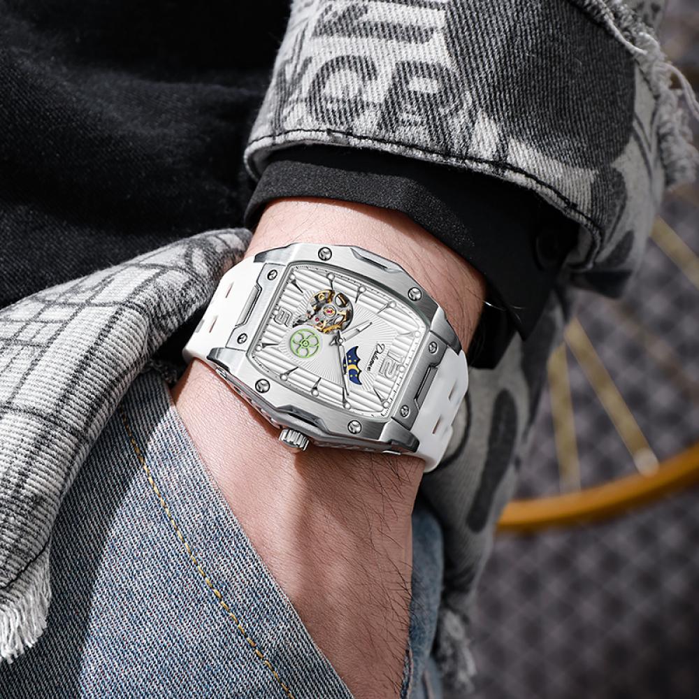 Dulunwe Tonneau Sports Men's Tourbillon Watches Starry Moon Phases Hollow Out Automatic Mechanical Watch Rubber Strap Luminous Wristwatch