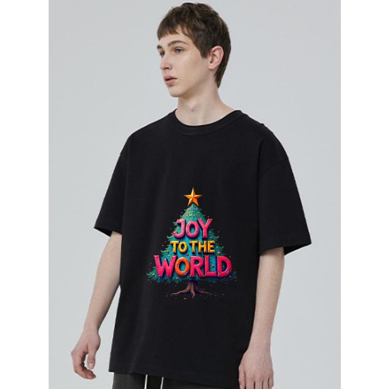 Christmas T-Shirt Black Joy To The World Christmas Tree Design Holiday Party Wear