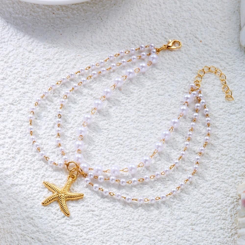 Bohemian Imitation Pearl Anklet Ocean Style Shell Anklet New Starfish Pendant Anklet  Summer