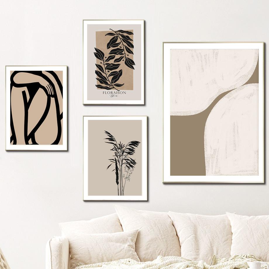 Pósteres y grabados minimalistas nórdicos con líneas abstractas de flores y plantas, arte de pared, pintura en lienzo, imágenes para decoración de sala de estar