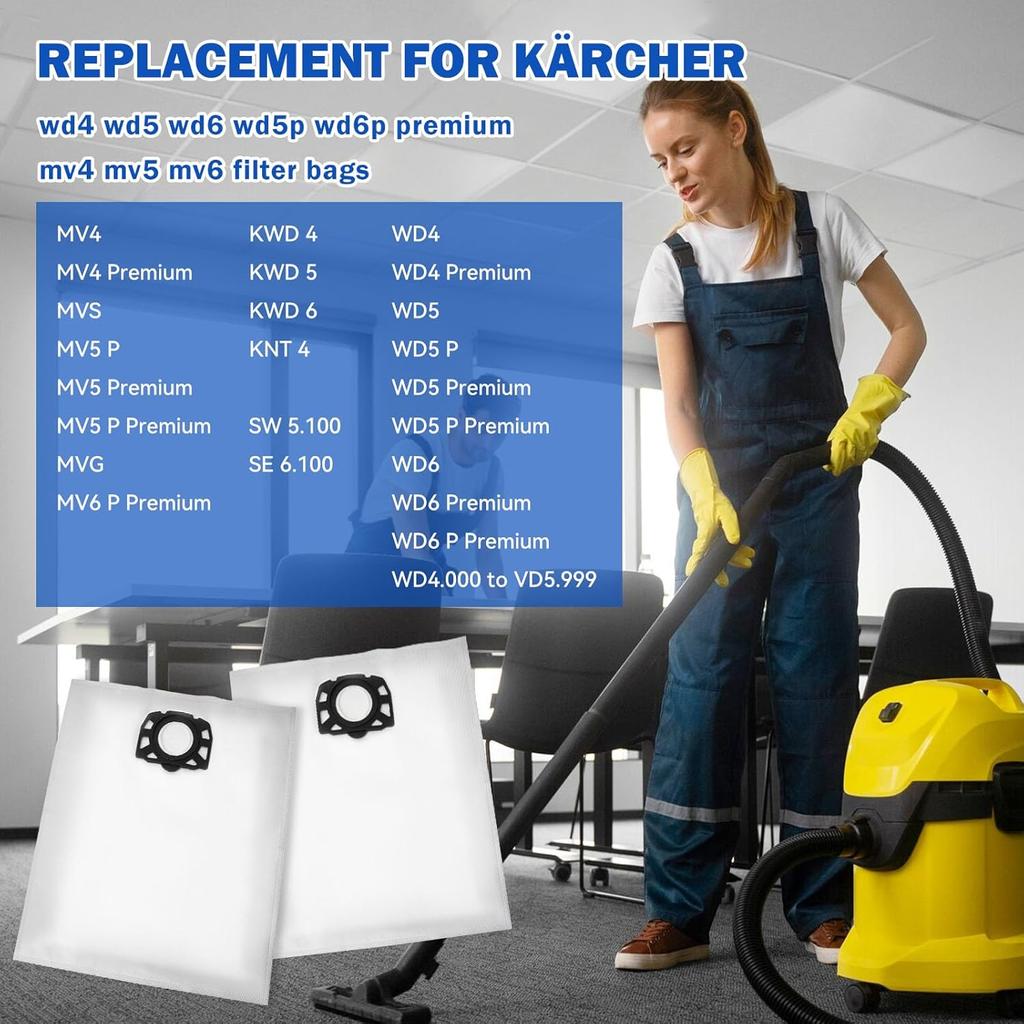 12Pcs Vacuum Cleaner Bags for Kärcher WD4 WD5 WD6 WD5P WD6P MV4 MV5 MV6  Wet & Dry Vacuum Cleaner, Dust Bags for Karcher 2.863-006.0