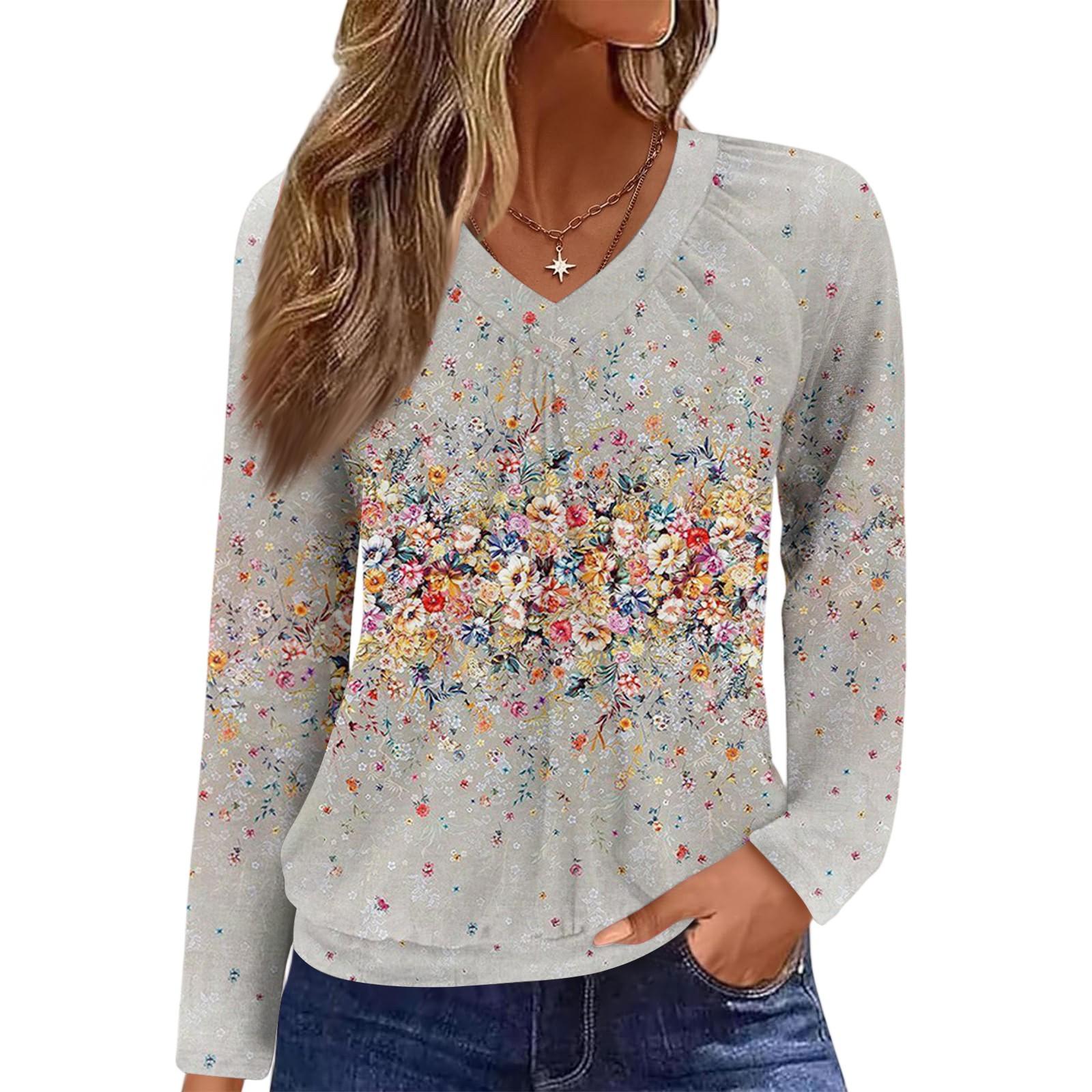 

Women s Casual Fashion V-Neck Raglan Pleated Floral Print Long Sleeve Top XL хакі