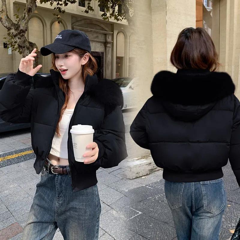 Jaqueta Curta Feminina de Inverno Espessa com Cintura Definida, Gola de Pelo Quente e Design com Capuz