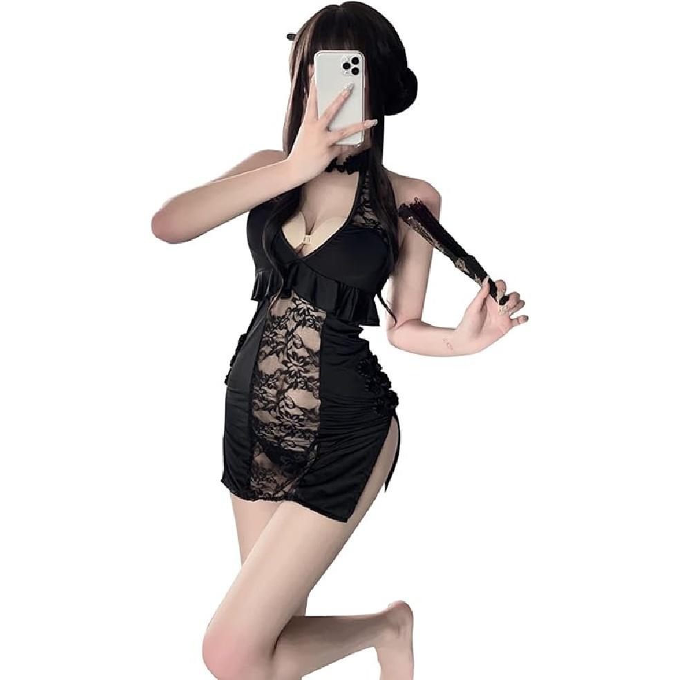 SINGUYUN Chinese Cheongsam Lingerie Retro Print Dress Sexy Anime Cosplay Costume for Women Qipao Babydoll Outfit