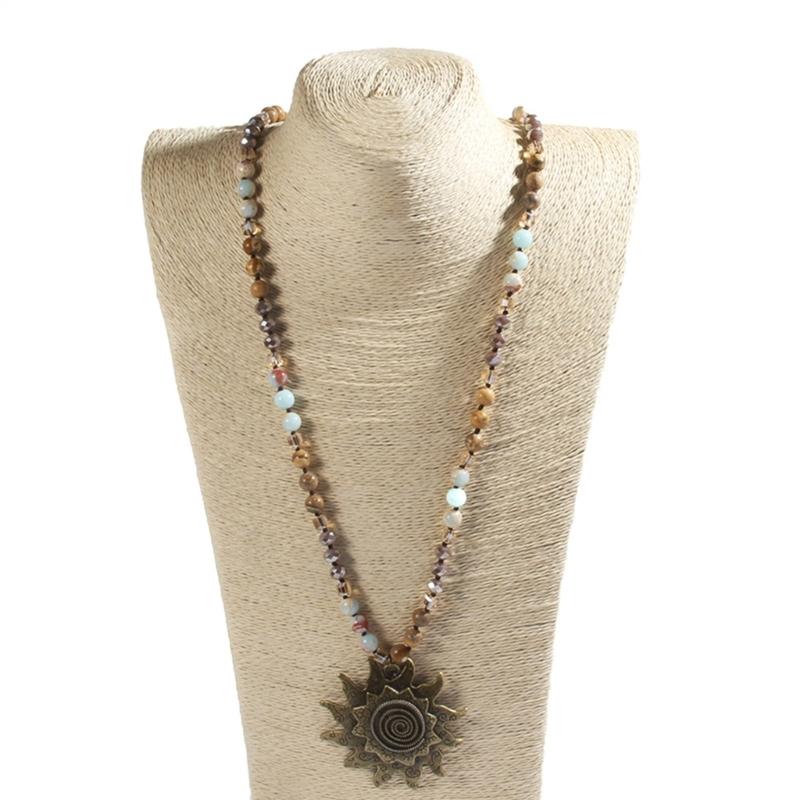 Vintage Bohemian Style Necklace Featuring 8mm Natural Stone and Glass Beads Unique Sun Pendant Neckchain for Women