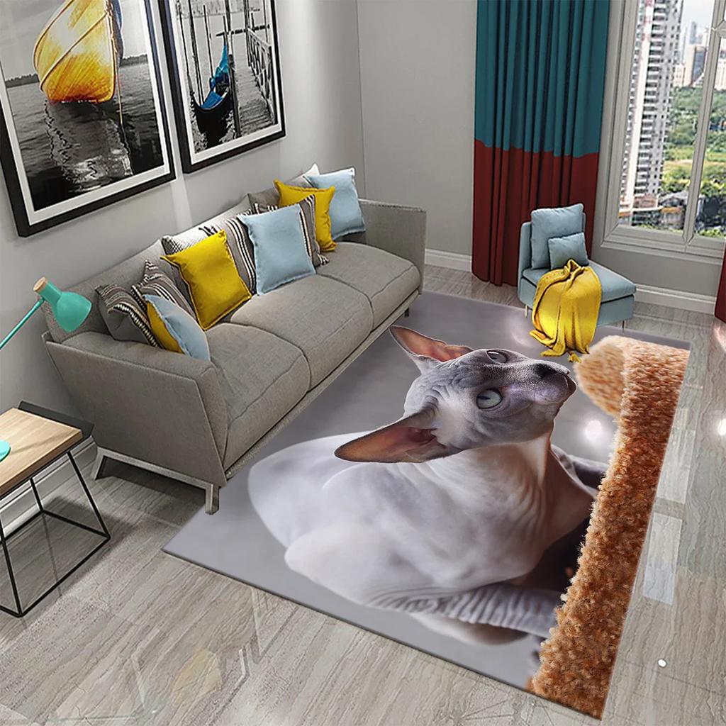 3D Sphynx Cat Carpet Cute Hairless Cat Rugs for Children's Bedroom Living Room Decor Carpet Kitchen Bathroom Non-Slip Area Mats