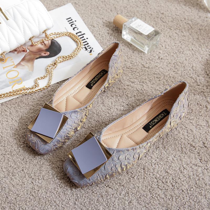 Square Head Large Size Single Shoes Women's Square Buckle Soft Flat Bottom One Pedal Doudou Shallow Mouth Large Size Ladyshoes Size 34-42