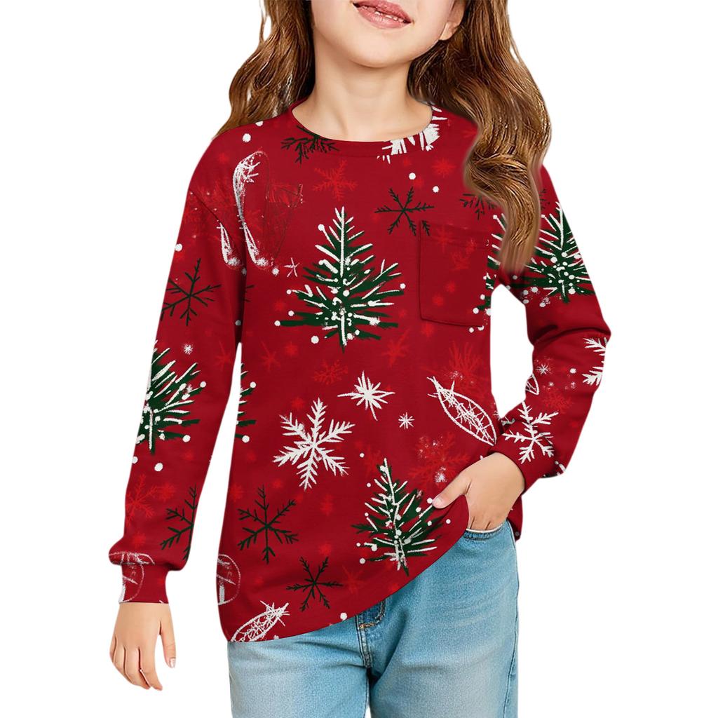 Weihnachtstag Mädchen Langarmbluse - Rundhals Weiche Taille Tunika