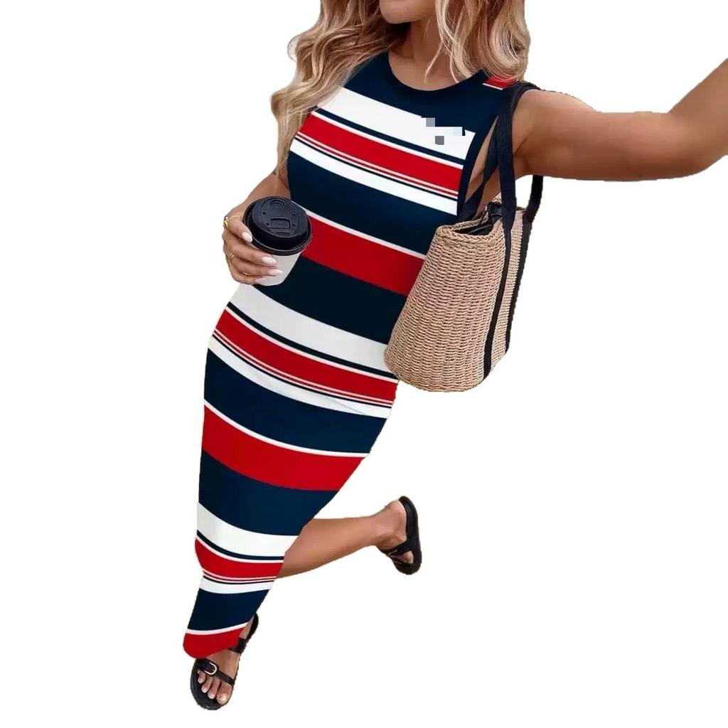 New Striped Women's Summer Fashion Sleeveless Crew Neck Vest Skirt, Foreign Style Age-reducing Holiday Style Long Skirt for Women