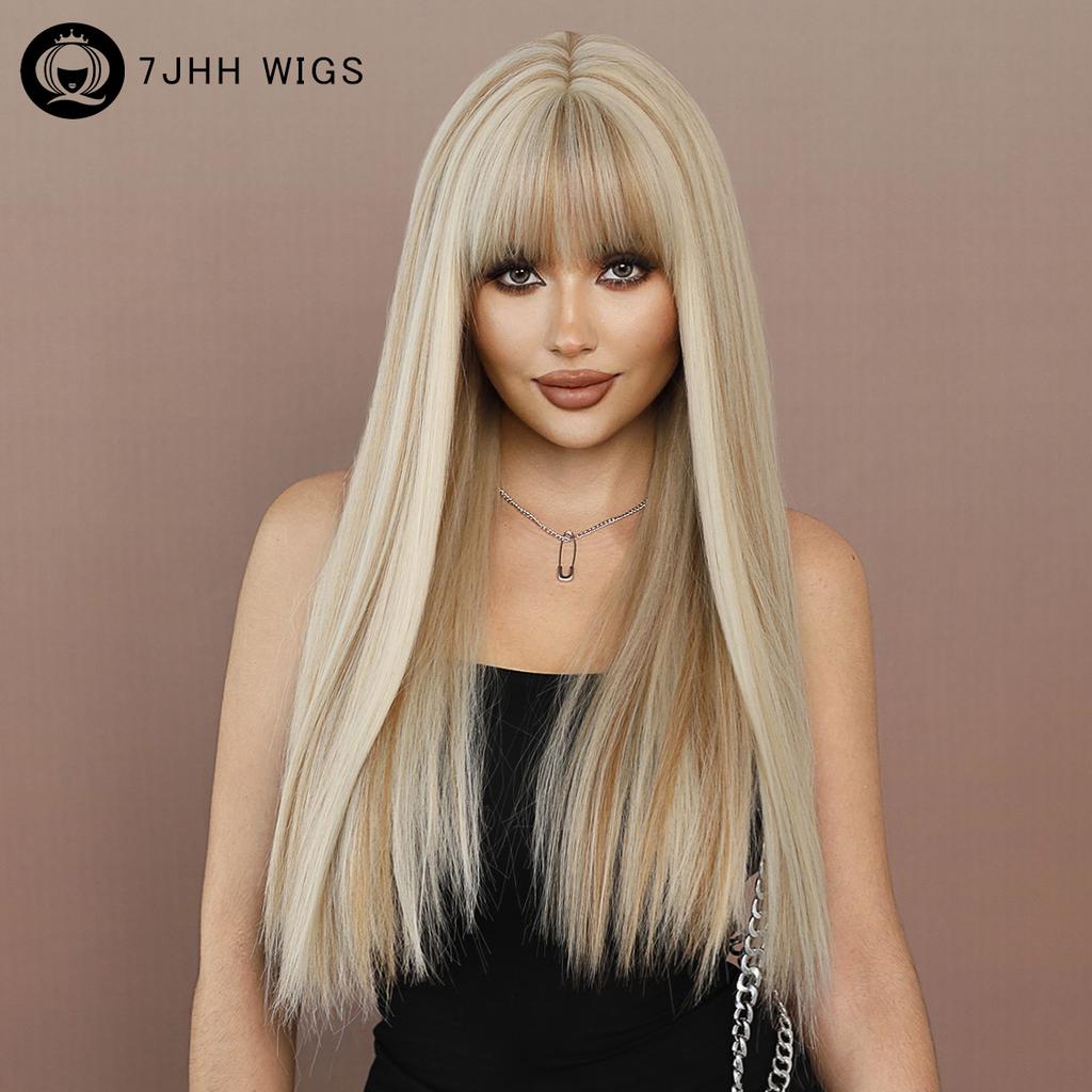 Long Straight Light Blonde Wig For Women Daily Party Highlight Brown Synthetic Layered Hair Wigs With Bangs Halloween Cosplay