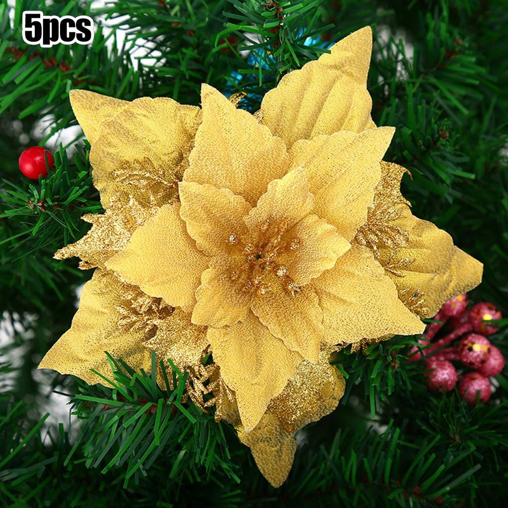 5 Pack Christmas Poinsettia Glitter Flower Ornaments in Colors