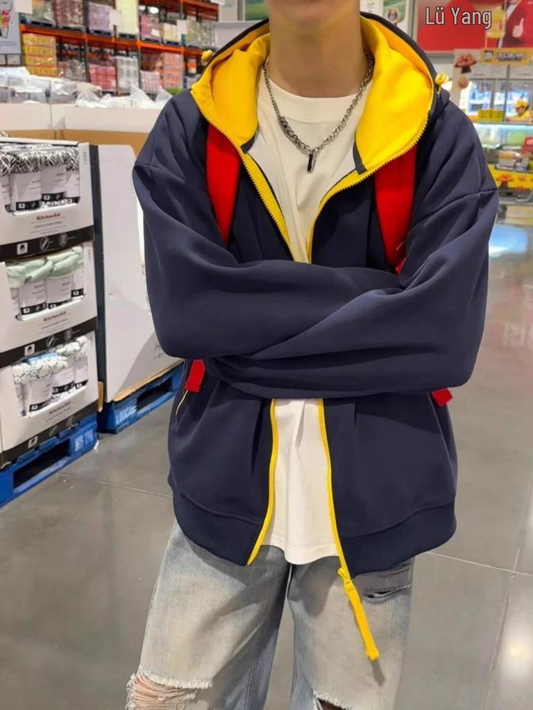 Men's Retro Color Block Hooded Cardigan Sweatshirt for Autumn/Winter