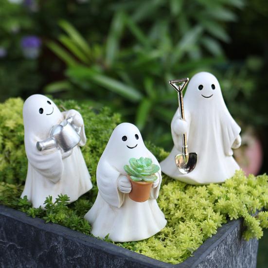 3 Pcs Halloween Ghost Figurines Resin Gardening Ghost Statue Cartoon Ghost Collectibles