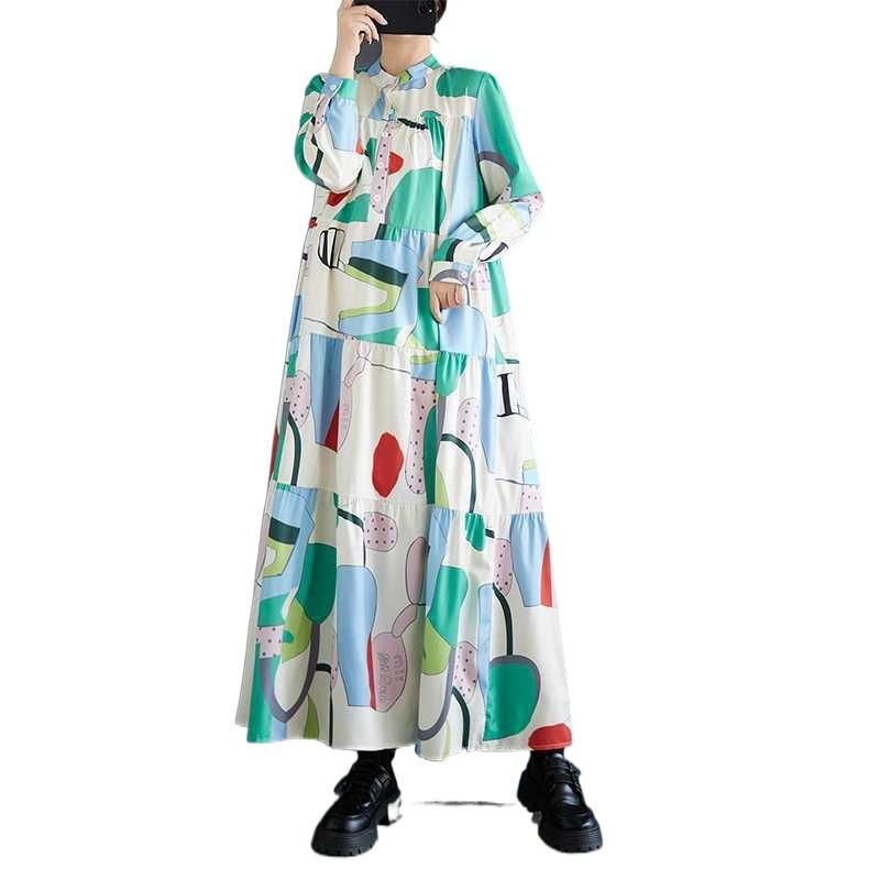 Loose and Thin Fashion Long-sleeved Printed Mid-length Dresses