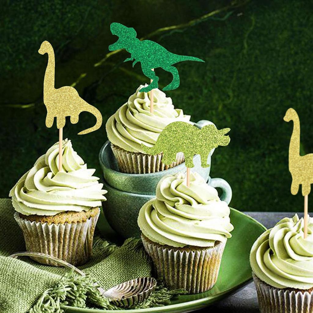 Pack of 24 Dinosaur Cupcake Topper Green Gold Glitter Cupcake Picks Cake Decoration for Baby Shower Wedding Birthday Event Party