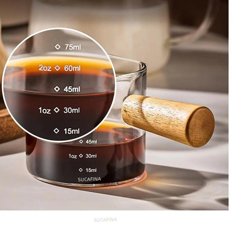 Espresso Measuring Cup 75ml Double Spout Milk Jug with Wooden Handle and Scale for Barista Coffee Latte Extraction Shot Glass