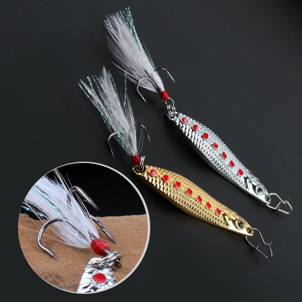 

2 шт. твердые приманки металлический спиннер ложка рыболовная приманка с блестками шум блестка перо тройной крючок снасти серебряный