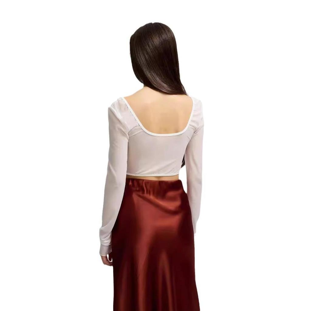 European & American Street Fashion Mesh Lace Slim Square Collar Long-Sleeved Top for Women