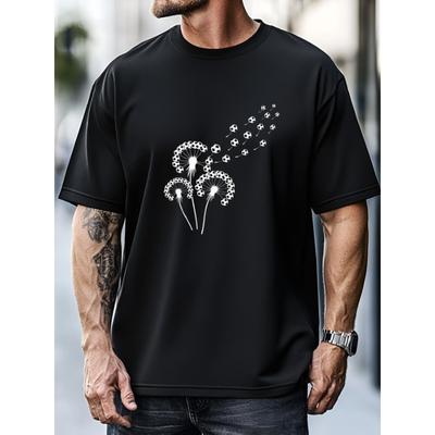 European Size Men'S Dandelion Soccer Pattern T-Shirt - Round Neck Short Sleeve, Featuring a Soccer Sports Design, a Fitness Casual Shirt