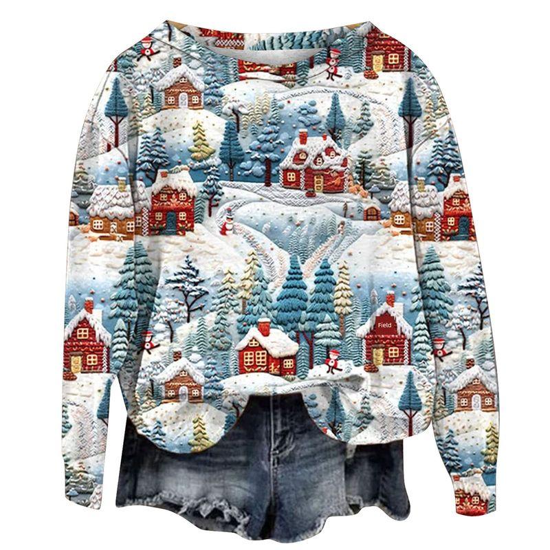 Fall and Winter Cross-Border New Arrival Sweatshirt Female 3D Digital Print Christmas round-Neck Shirt Tops Christmas Hoodie