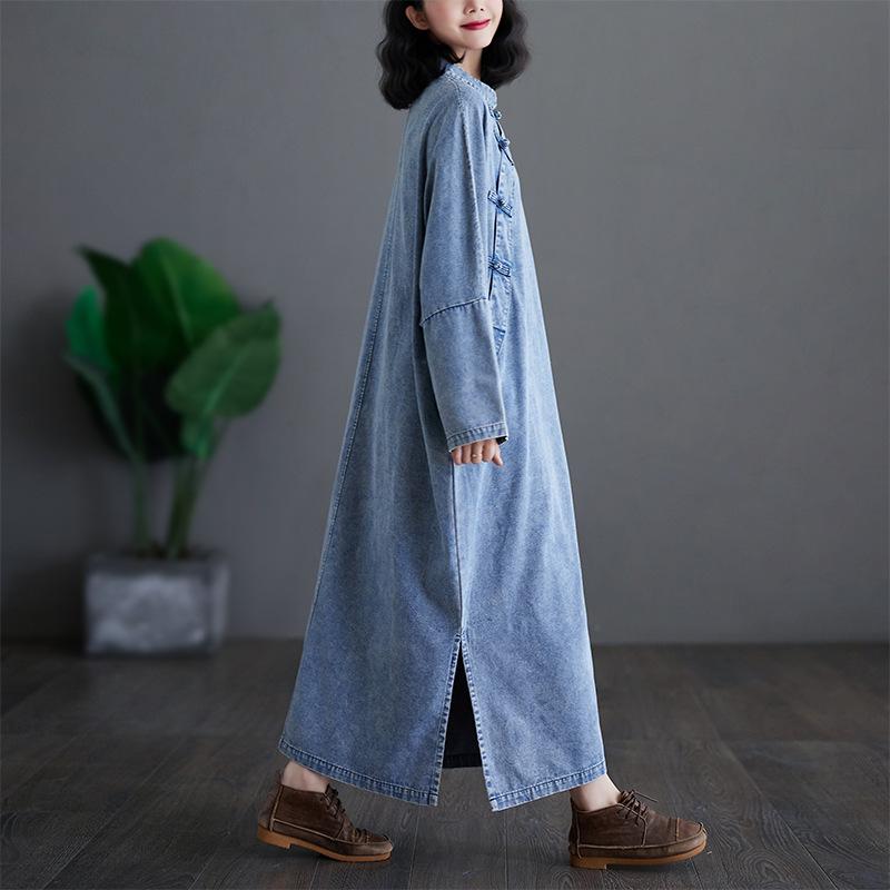 Spring Autumn Vintage Women Denim Dresses Vestidos Robe Elbise Loose Plus Size Fashion Long Sleeve Long Dress