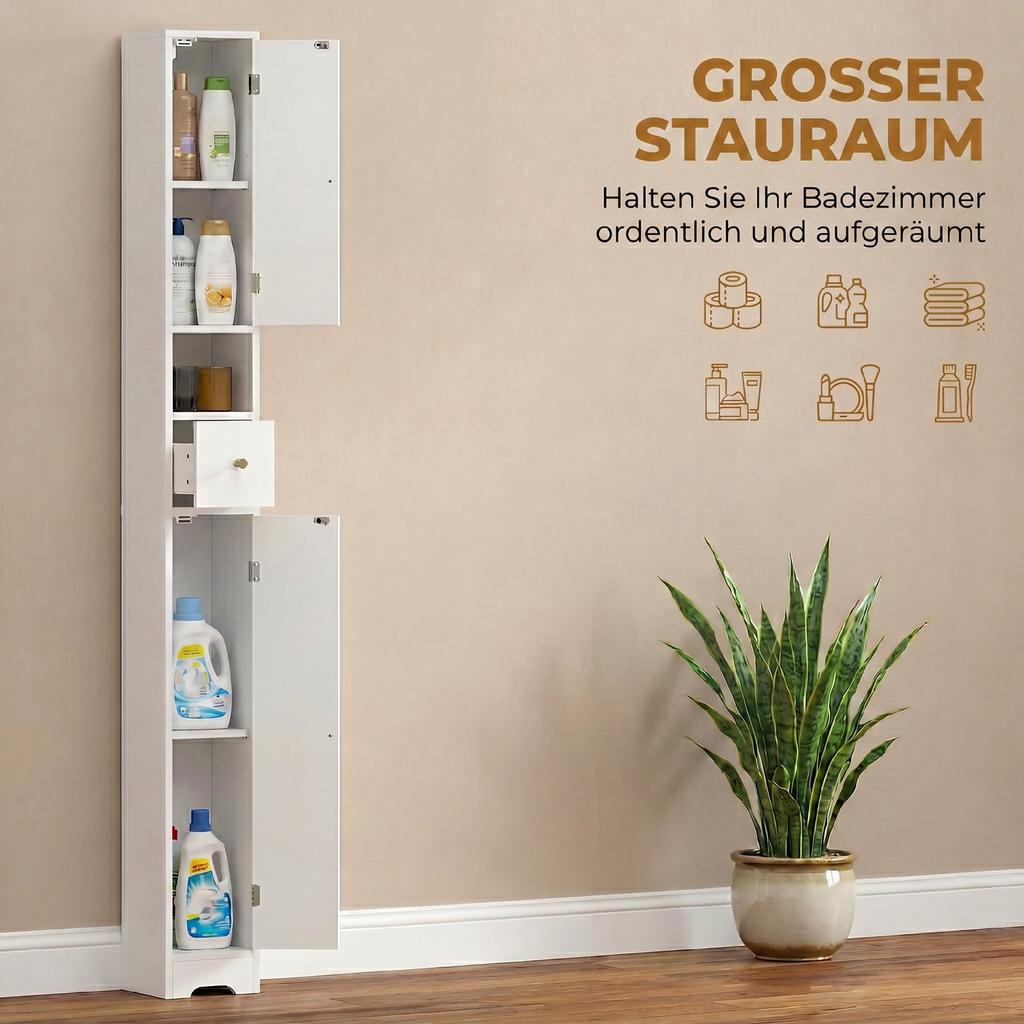 Bathroom Cabinet, Narrow Bathroom Cabinet with Drawer, Arched Doors, Open Shelf, Adjustable Shelf, 20x20x185 Cm, White