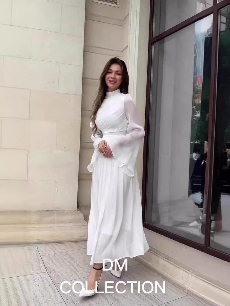 2024 Autumn Solid Color Bell Sleeve Casual High Waist Long Dress