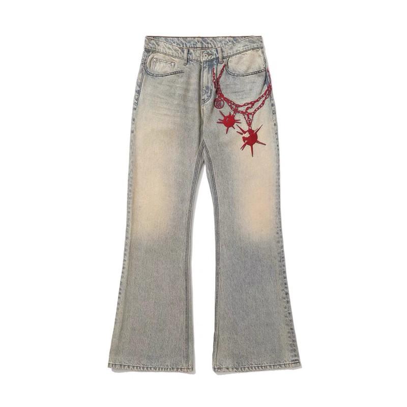 Męskie spłowiałe, postarzane jeansy z szerokimi nogawkami, z haftem, średnio wysokie, prosty krój, styl vintage streetwear