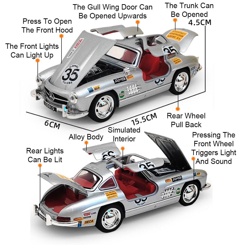 1:32 Scale 300SL Vintage Car Toy Models Alloy Diecast Sound Light Doors Opened Pull Back Rubber Tires for Kids Birthday Gifts