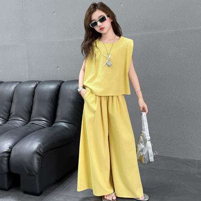 Girls' Summer Vest Top Wide Leg Skirt Pants Set, Children's Waist Cinching Slim Fit Design Two-piece Set