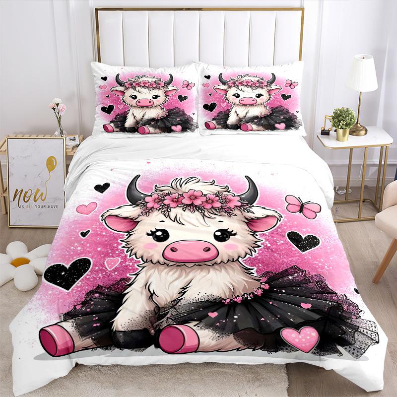 3pcs Pink Cow with Wreath and Butterflies Quilt Cover Set - Soft and Cozy Bedroom, Guest Room and Dorm Decorative Bedding 3-Piece Set 1 Quilt Cov