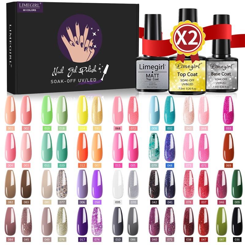 60 Colors Gel Nail Polish Kit Functional Gel Manicure Set Matte Top Coat Base Coat High Gloss Long-Lasting Nail Art Set