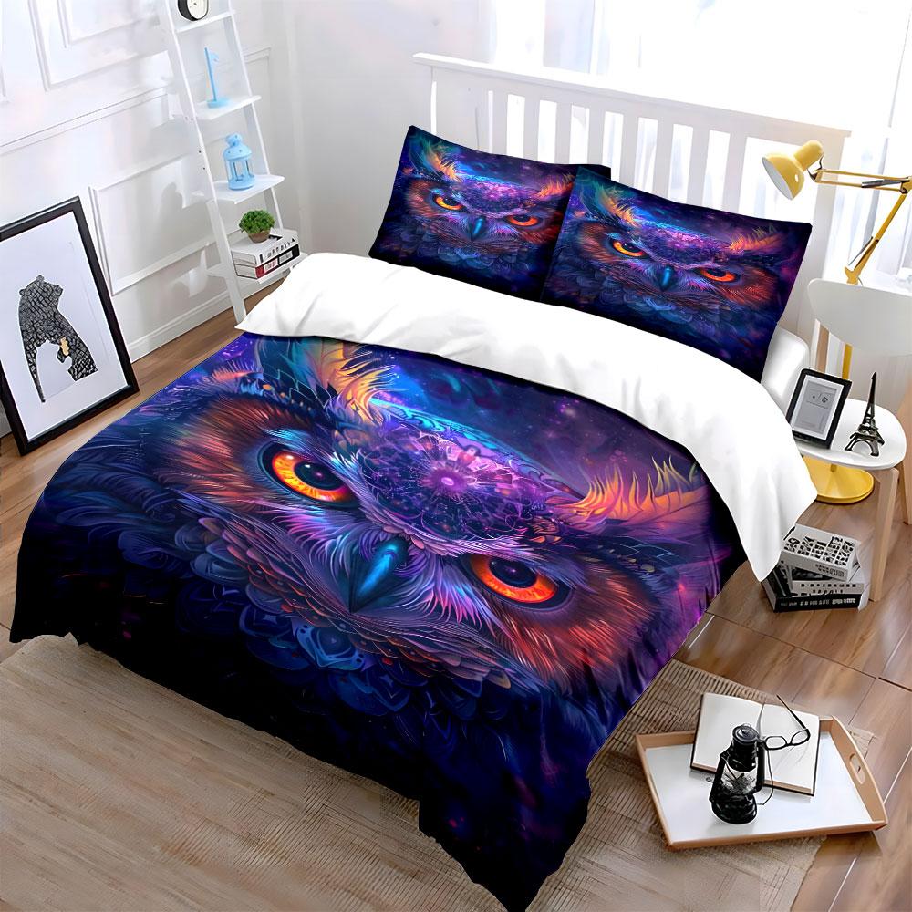 Cosmic Neon Owl Art Design Bedding Duvet Cover Set (1*Duvet Cover 2*Pillowcases, without duvet insert)