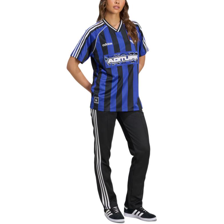 adidas Originals Ss25 Beads Jersey Loose Fit V-Neck Short Sleeve Football Shirt Women Tops Fluorescent-Blue Black KD2274