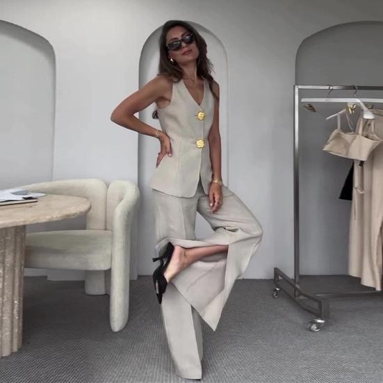 2 Pcs/Set Women Vest Pants Suit V Neck Button-down Sleeveless Top Wide Leg Loose Trousers Formal Business Style Commuter Outfit