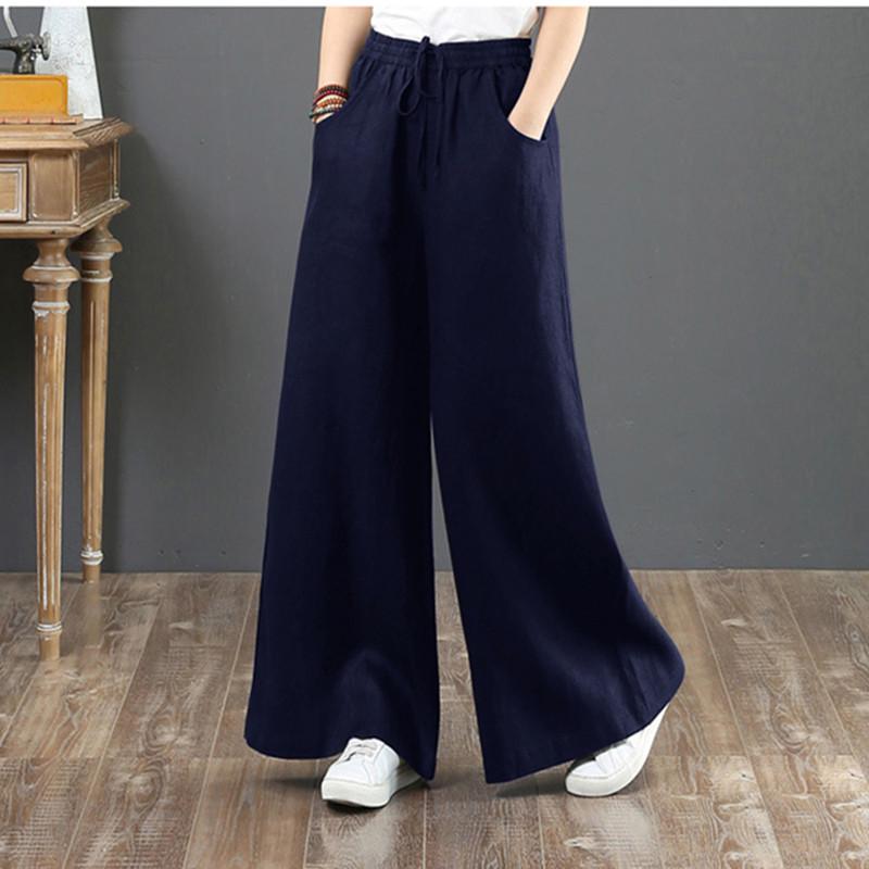 Women's High-Waisted Cotton & Linen Wide-Leg Pants - Plus Size, Loose, Casual Nine-Point Length