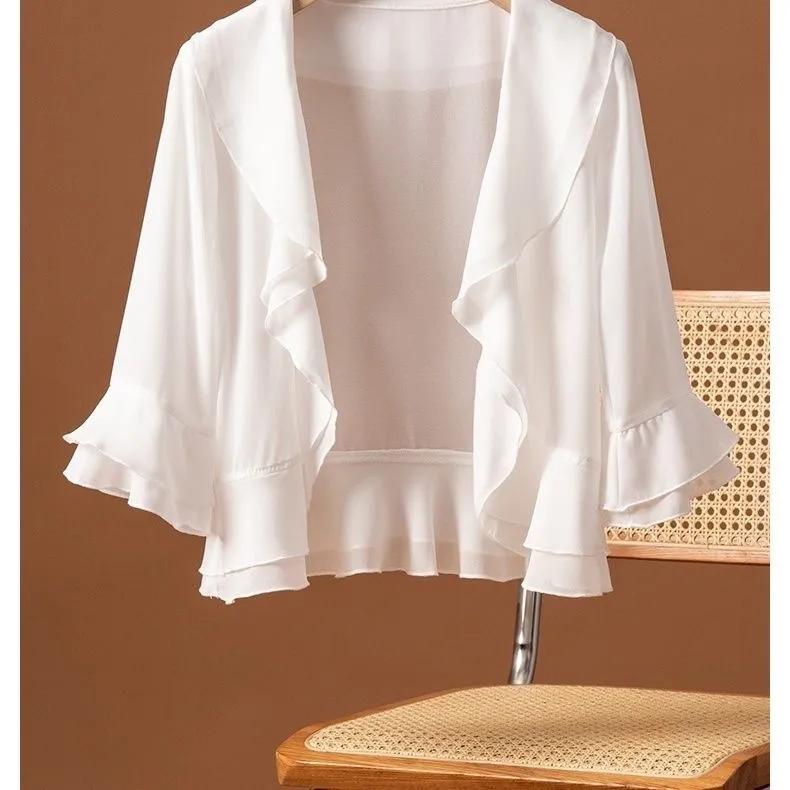 Women's Summer Solid Colour Thin Chiffon Jacket Ruffle Sleeve Elegant and Comfortable Sunscreen Tops