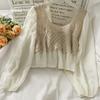 Spring Summer  Crochet Top with Chiffon Flower Embroidery Long Sleeve Square-neck Fake Two-Piece Blouse Hook Flower Hollow Top Sunscreen