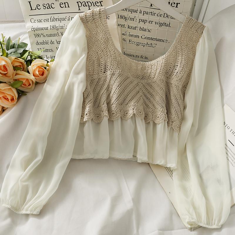 Spring Summer Crochet Top with Chiffon Flower Embroidery Long Sleeve Square-neck Fake Two-Piece Blouse Hook Flower Hollow Top Sunscreen