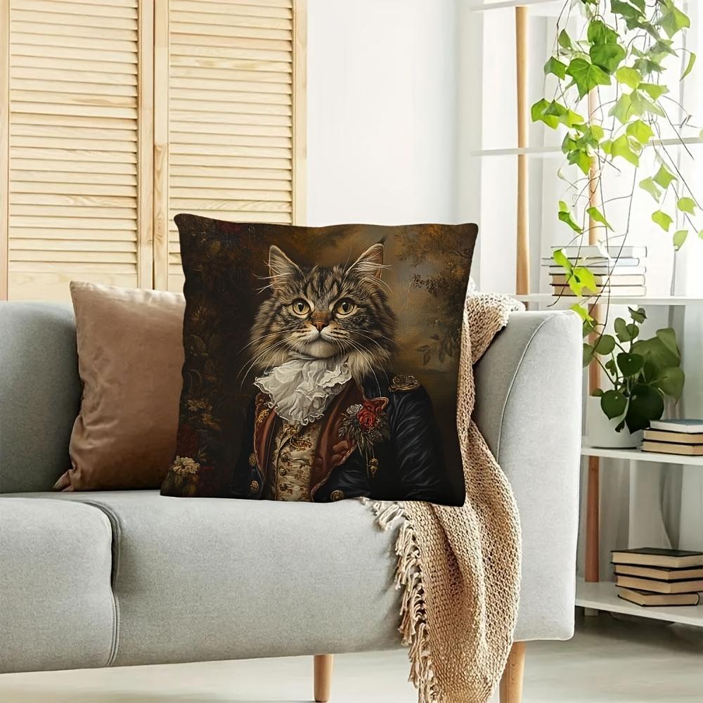 2D Flat- Vintage Aristocratic Cat Portrait Throw Pillow Cover Victorian Royal Pet Art Cushion Case For Home Sofa Decor