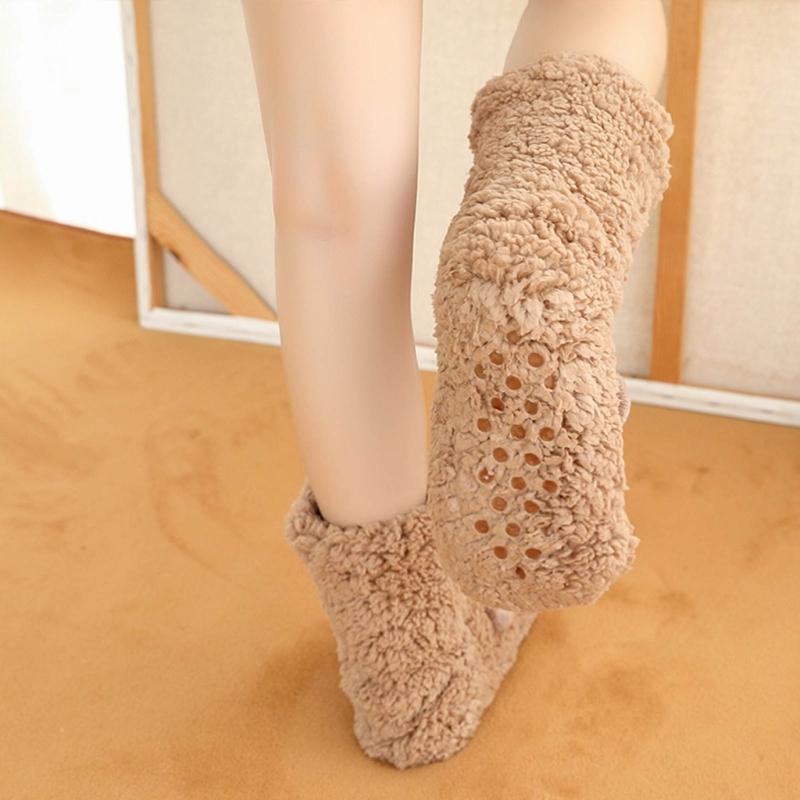 Women Winter Cute Bear Embroidery Fuzzy Slipper Socks Non Slip Warm Socks with Grips Furry Plush Sock for Home Sleeping